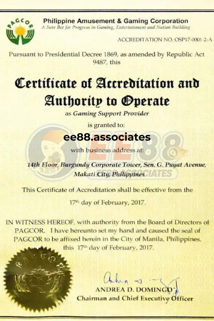 Giấy chứng nhận pagcor của nhà cái ee88